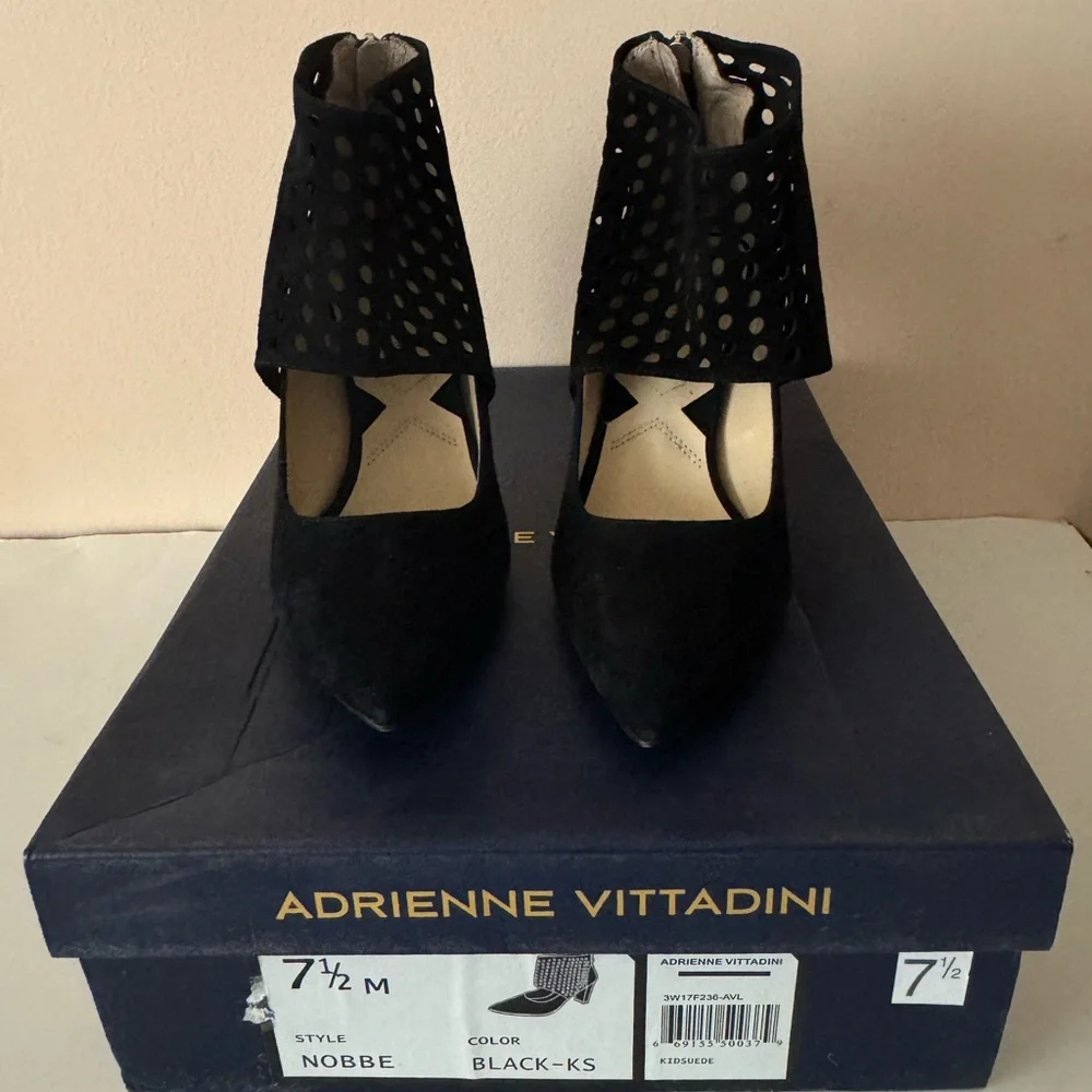 Adrienne Vittadini Nobbe Black Suede Heels with zipper. Size: 7.5